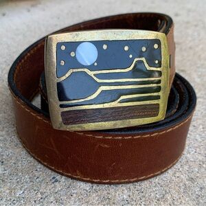 Kenneth Reid Southwestern Desert Moon Stars Brass Wood Inlay Belt Buckle Leather